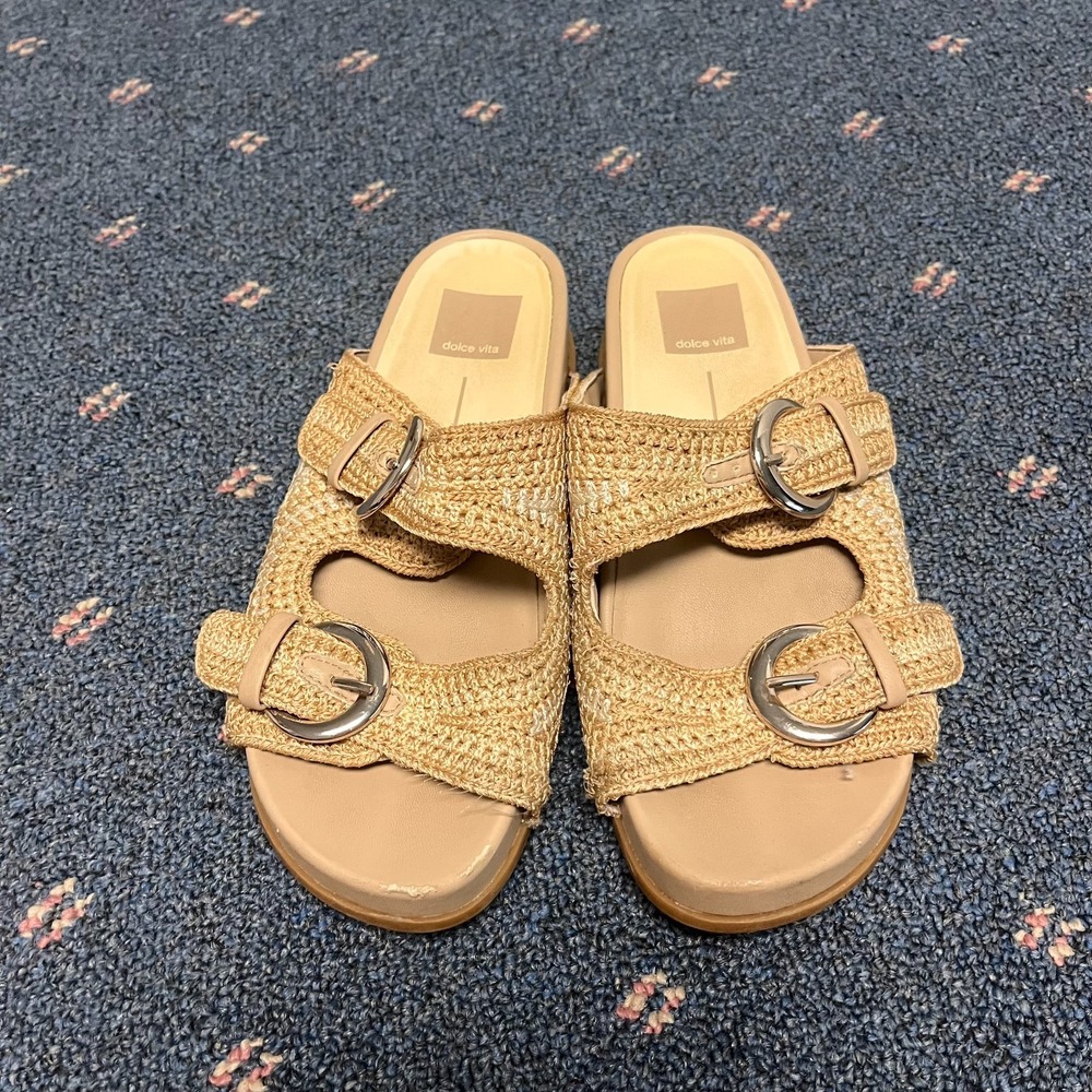 Dolce Vita Ralli Natural Multi Crochet Knit Buckle Slide Sandals Designer Size 7